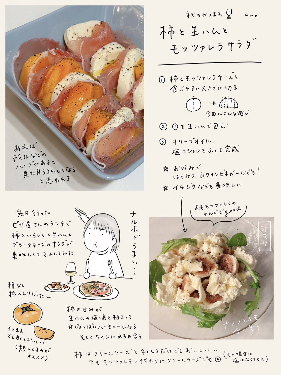 旬の時期だからか去年描いた柿パスタのレシピがよく見られてて&amp;作っていただけているようでとてもうれしい。
柿関連で以前描いたやつ、こちらにまとめて置いておきます! 
