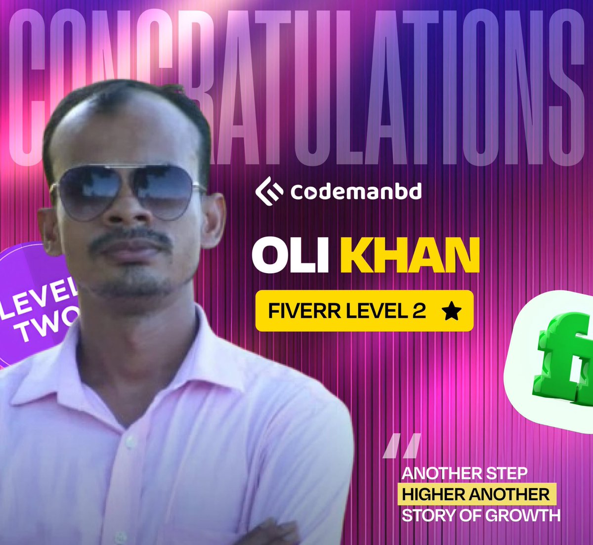codemanbd's tweet image. অনেক শুভকামনা Oli Khan ফাইভার মার্কেটপ্লেসে লেভেল-২ ব্যাজ অর্জনের জন্য ❤️ #CodemanBD #StudentSuccess