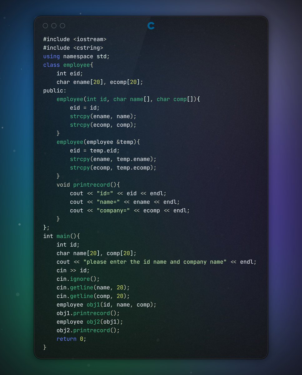 Raunak_codes's tweet image. Built a clean implementation of a parameterized constructor and copy constructor in C++. This exercise reinforced how object copying, memory handling, and data encapsulation actually work in real projects.
#ObjectOrientedProgramming #CodingJourney #SoftwareDevelopment #challenge