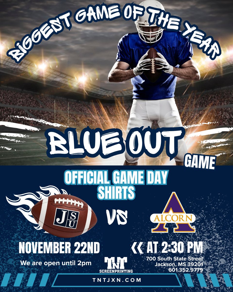 TNTJXN's tweet photo. THE BIGGEST GAME OF THE YEAR!  JSU vs. Alcorn is happening and you already know the energy is going to be unmatched! 

Stop by to get your Game Day shirts. We’ll be at the shop until 2 PM on Sat.

Let’s pack the stands and show Alcorn how Tiger Nation does it! https://t.co/THFctTiTZI