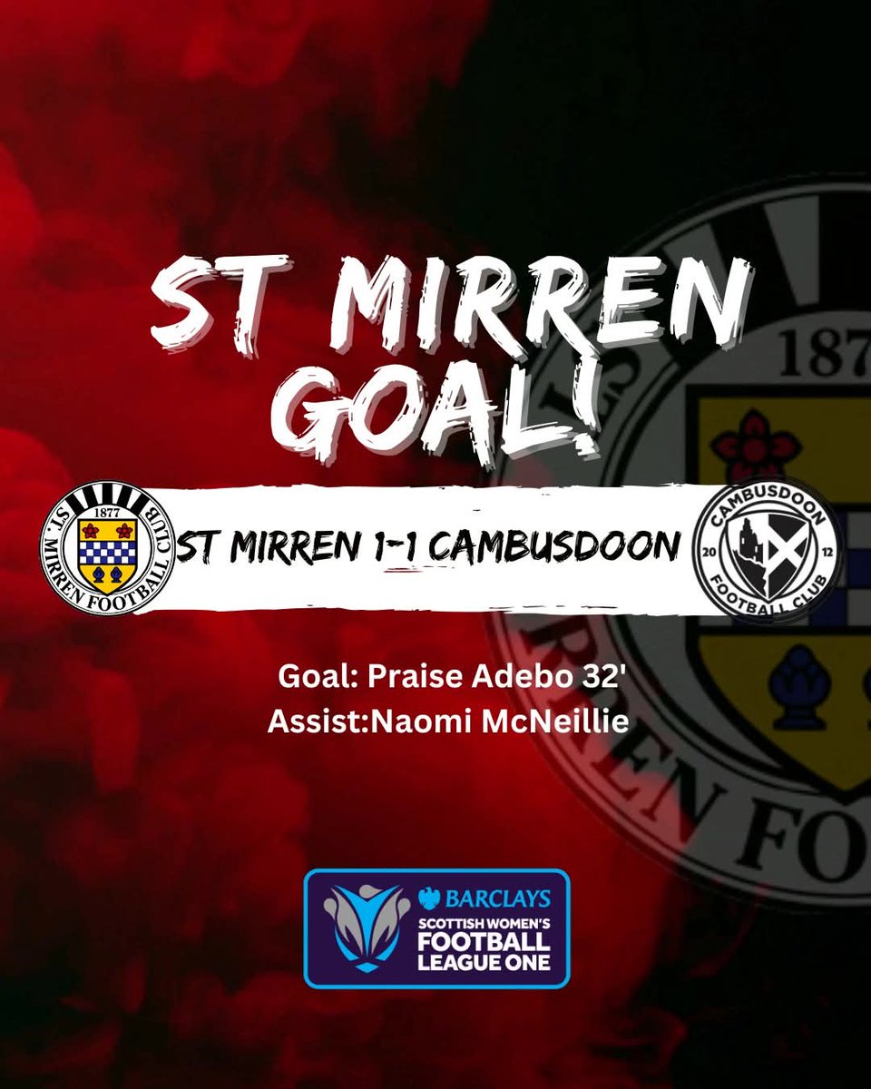 stmirrenwfc's tweet photo. GOAL! ⚫⚪
St Mirren 1–1 Cambusdoon (32’)
Goal: Praise Adebo
Assist: Naomi McNeillie

Naomi lays it off and Praise does brilliantly to turn her marker before drilling it into the bottom corner from the edge of the box! 💥

#SMWFC | #SWFLeagueOne | #OurStMirren https://t.co/RUy5c07CdN
