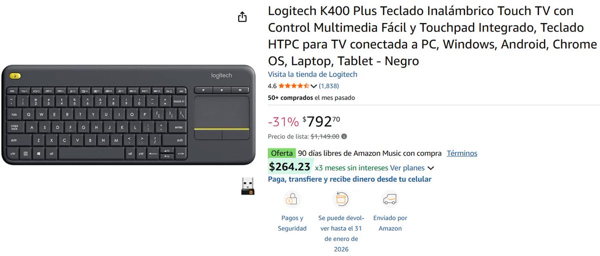 geekdelosbuenos's tweet image. ⌨️ Mira esto que habla por sí solo... Logitech K400 Plus

Teclado inalámbrico touchpad para TV/PC (Win/Android). 10 mts de rango.

🔥31% de DESCUENTO #BuenFin2025 

...aquí: amzn.to/3JZazDp

PD. Logitech es garantía total, me consta 

#TechDeals #logitechg #AmazonOferta