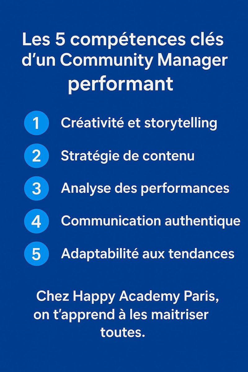 happyacadParis's tweet image. 💡 Découvre les 5 compétences clés d’un Community Manager performant ! 
💪 Chez Happy Academy Paris, on t’apprend à les maîtriser toutes.
#CommunityManager #CompétencesDigitales #FormationProfessionnelle #HappyAcademyParis #DigitalSkills