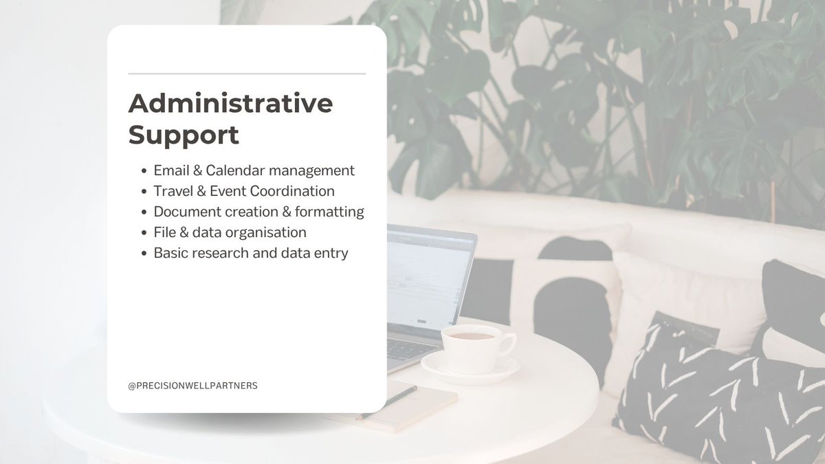 PrecisionWellP's tweet image. Administrative Support 🗂️

That endless inbox? Calendar Tetris? Consider them handled.

I manage emails, coordinate schedules, create &amp;amp; format documents, and organize your digital files so you can focus on your clients, not the clutter.

#AdminSupport #GetOrganised #Productivity