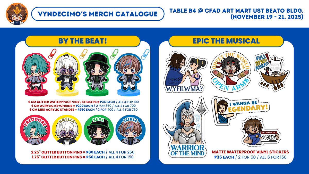 vyndecimo's tweet photo. [❤️ &amp; 🔃's appreciated! 🥹🫶💗]

Here's my catalogue for UST CFAD WEEK!

🗓️ Nov. 19-22, 2025
✨ By The Beat, Epic: The Musical, Spider-Man, OHSHC, ALNST, Haikyuu, CRK, Fairy Tail, KHR

📍 Beato Angelico @ 2nd Gazebo Table B4 SEIVERCE

[ 1/2 ]

#CFADweek #CFADweek2025 #UST https://t.co/GOlDdK7G24