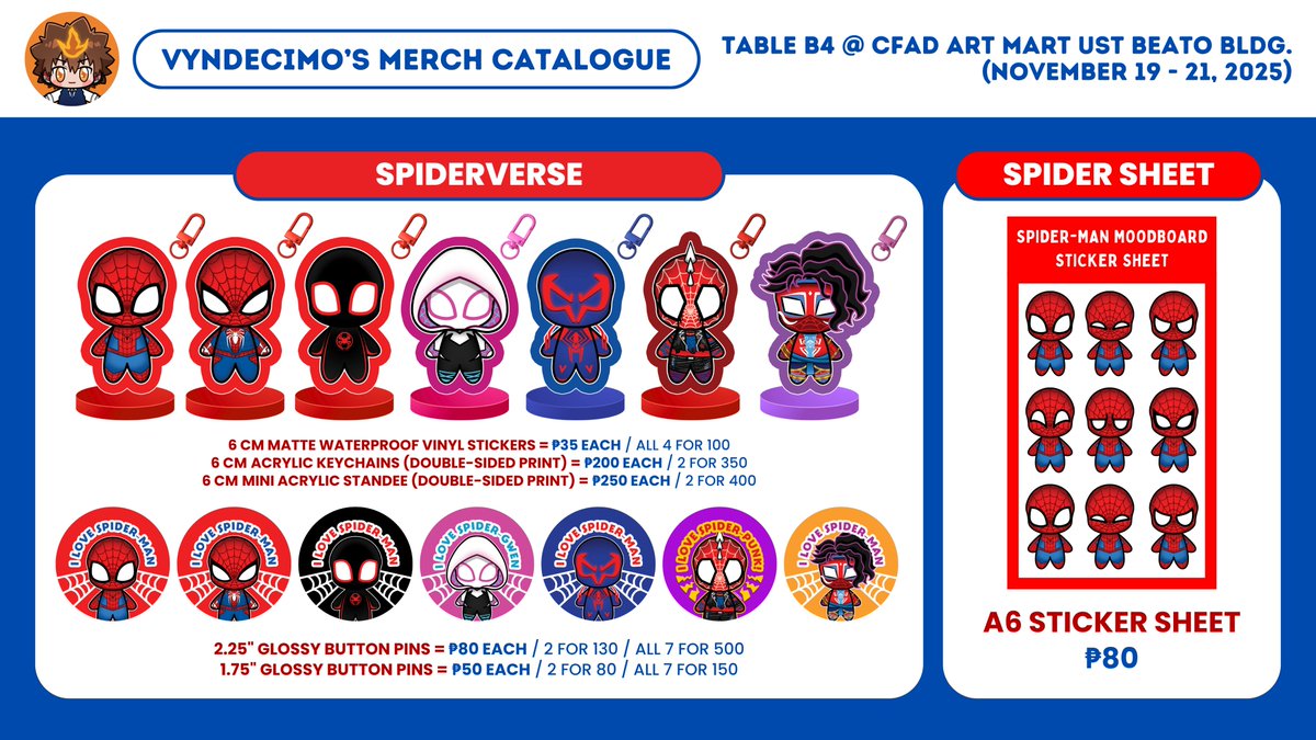 vyndecimo's tweet photo. [❤️ &amp; 🔃's appreciated! 🥹🫶💗]

Here's my catalogue for UST CFAD WEEK!

🗓️ Nov. 19-22, 2025
✨ By The Beat, Epic: The Musical, Spider-Man, OHSHC, ALNST, Haikyuu, CRK, Fairy Tail, KHR

📍 Beato Angelico @ 2nd Gazebo Table B4 SEIVERCE

[ 1/2 ]

#CFADweek #CFADweek2025 #UST https://t.co/GOlDdK7G24