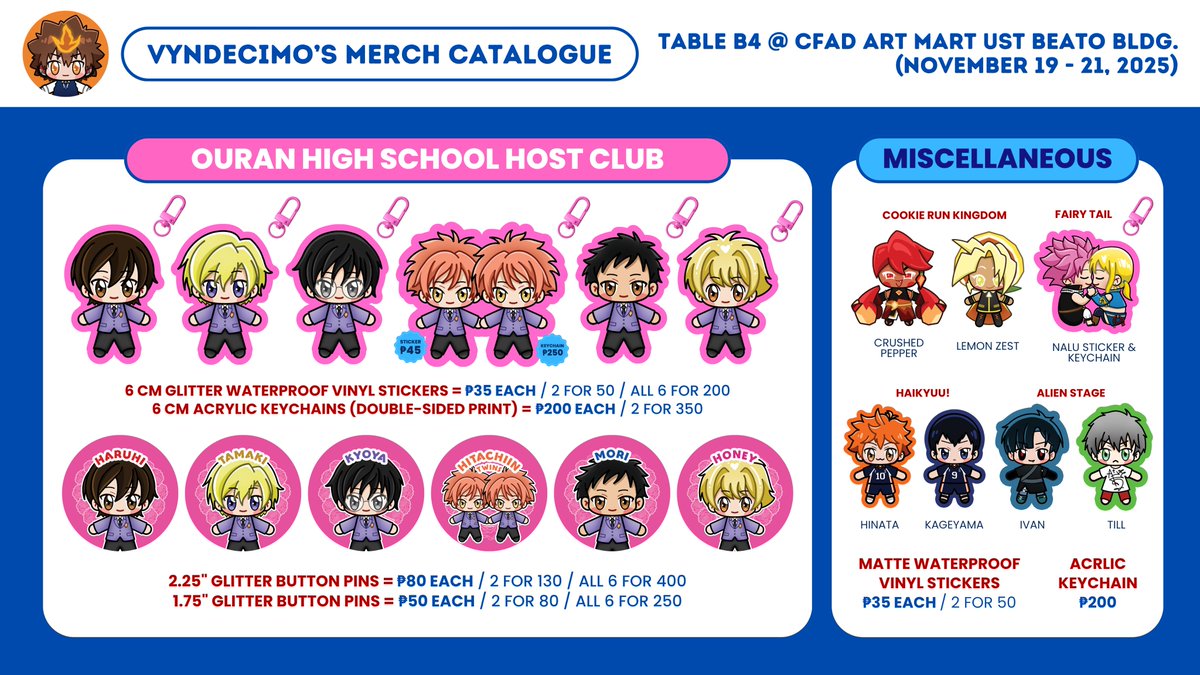 vyndecimo's tweet photo. [❤️ &amp; 🔃's appreciated! 🥹🫶💗]

Here's my catalogue for UST CFAD WEEK!

🗓️ Nov. 19-22, 2025
✨ By The Beat, Epic: The Musical, Spider-Man, OHSHC, ALNST, Haikyuu, CRK, Fairy Tail, KHR

📍 Beato Angelico @ 2nd Gazebo Table B4 SEIVERCE

[ 1/2 ]

#CFADweek #CFADweek2025 #UST https://t.co/GOlDdK7G24