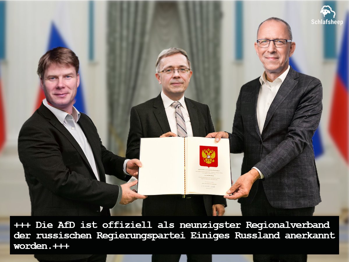 Schlafsheep's tweet image. AfD wird in Sotschi als 90. Regionalverband von Einiges Russland aufgenommen

Sotschi. Die AfD ist offiziell als neunzigster Regionalverband der russischen Regierungspartei Einiges Russland anerkannt worden. Die Zeremonie fand im Kongresszentrum von Sotschi statt, wo Dmitri…