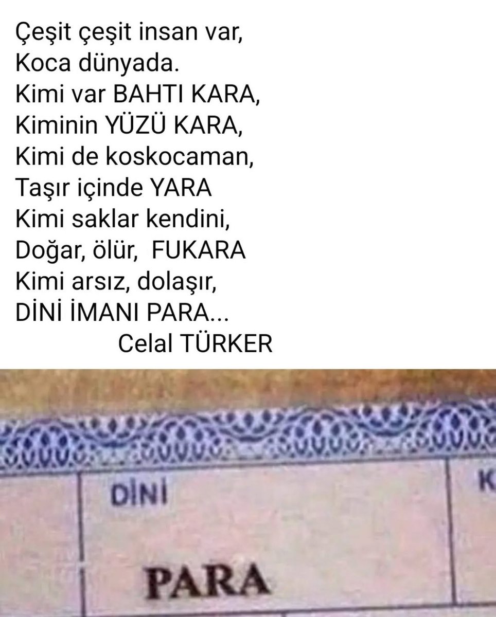 #asgariyılsulluk 
Türlü türlü insan var,
Koca dünyada.
Kiminin BAHTI KARA, 
Kiminin YÜZÜ KARA.
Kimi de koskocaman,
Taşır içinde YARA.
Kimi saklar kendini;
Doğar, ölür, FUKARA.
Kimi arsız, dolaşır;
DİNİ İMANI PARA…