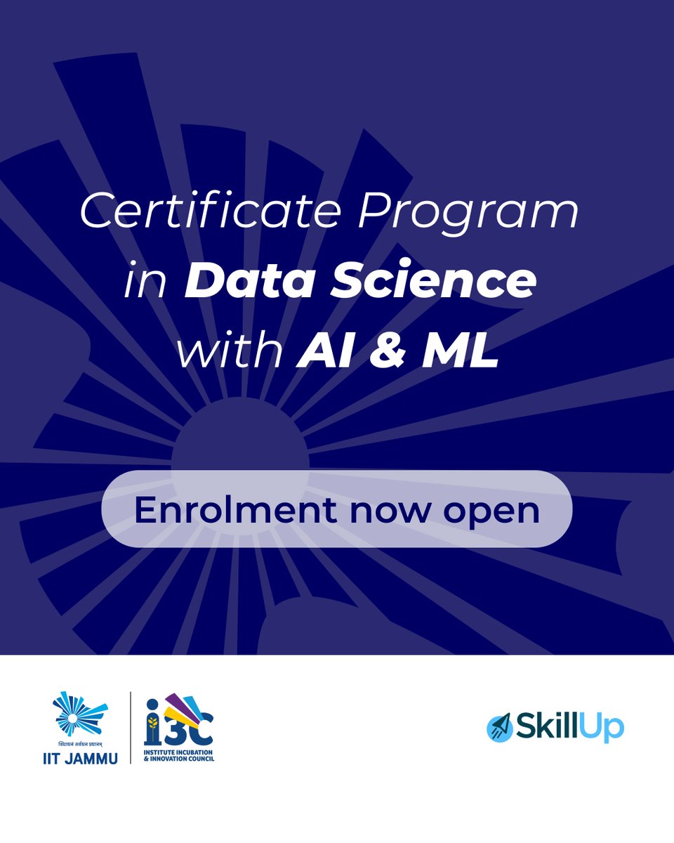The wait is over.
Enrolment now open.  
Explore the program: skillup.online/certificate-co…

#SkillUp #IITJammu #DataScience #AI #MachineLearning #CertificateProgram