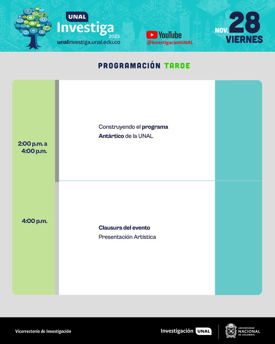 Porque lo que investiga la UNAL es también parte de lo que somos como sociedad.
Y porque sin sociedad, no hay sentido de investigar.🍃

🔎 La programación puede estar sujeta a cambios. Consulta siempre la página oficial de UNAL Investiga: ow.ly/MHhq50XqQRK