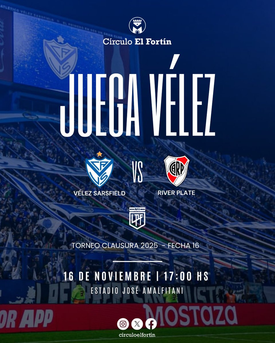 CirculoElFortin's tweet image. 𝒀𝒐 𝒅𝒂𝒓𝒊́𝒂 𝒕𝒐𝒅𝒂 𝒎𝒊 𝒗𝒊𝒅𝒂 𝒑𝒐𝒓 𝒆𝒔𝒕𝒆 𝒄𝒍𝒖𝒃…

➡️ Hoy, desde las 17:00, #Vélez recibe a River Plate en el Estadio José Amalfitani, por la Fecha 16 del Torneo Clausura 2025.

¡VAMOS NOSOTROS! 💙