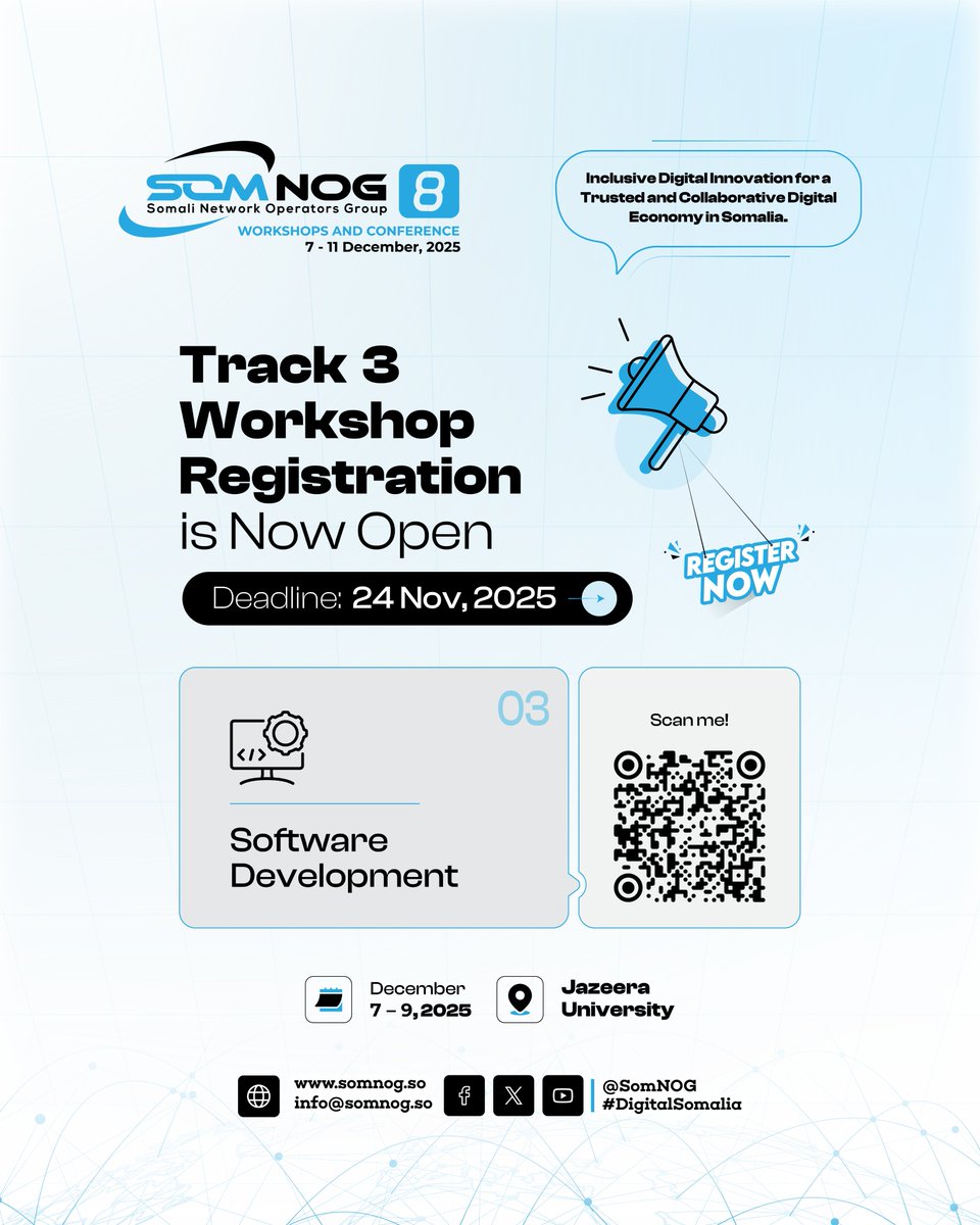 SomNOG's tweet image. Join #SomNOG8 Track 3: Software Development, a 3-day hands-on training to enhance your skills in modern software engineering.
Learn to 𝒃𝒖𝒊𝒍𝒅, 𝒕𝒆𝒔𝒕, &amp;amp; 𝒅𝒆𝒑𝒍𝒐𝒚 scalable applications.
Register now: events.somaliren.org.so/event/110/regi…

#SomNOG #DigitalSomalia #SoftwareDevelopment