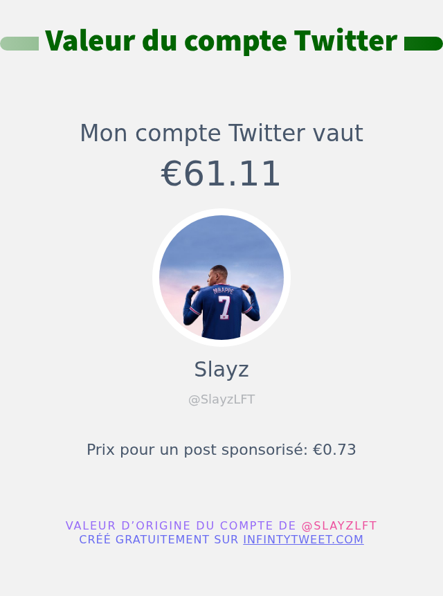 SlayzLFT's tweet photo. Mon twitter vaut: €61.11

➡️ https://t.co/rgOakfdkmf https://t.co/upiV2ikJsj