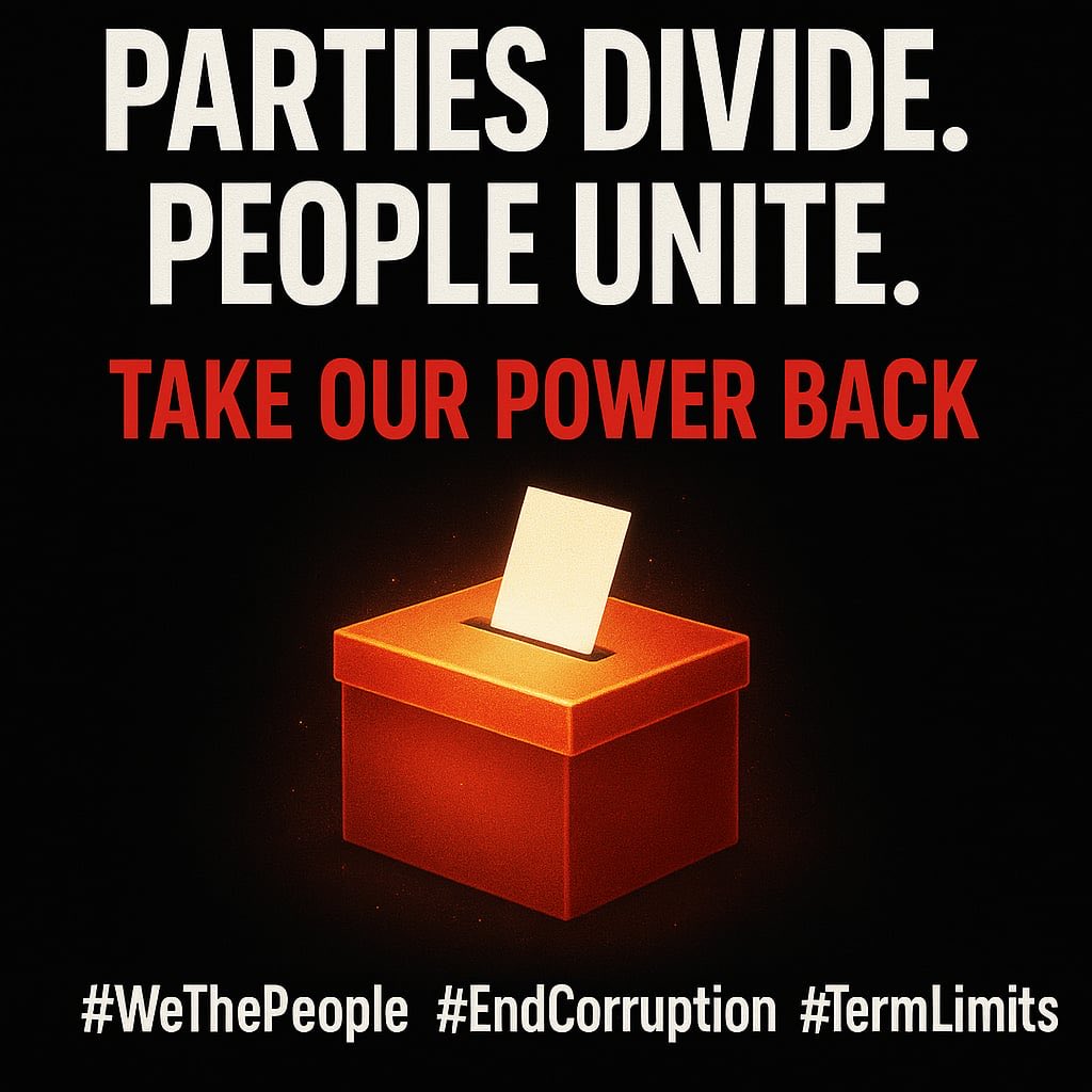 JohnJsaund01's tweet image. Parties divide. People unite.
Common ground exists.
It’s time to take our power back.
Vote for change. Vote for accountability.
#WeThePeople #EndCorruption #TermLimit