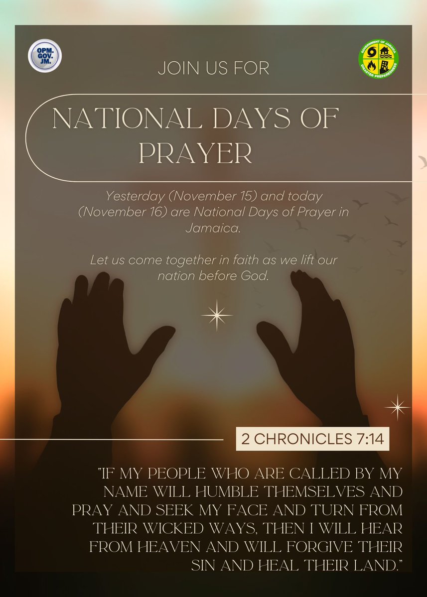 AndrewHolnessJM's tweet image. As we observe our National Days of Prayer, I invite every Jamaican to pause and lift our nation before God. In this challenging time, prayer remains a powerful source of comfort, strength, and guidance.

Let us come together in faith, for our families, for our communities, and…