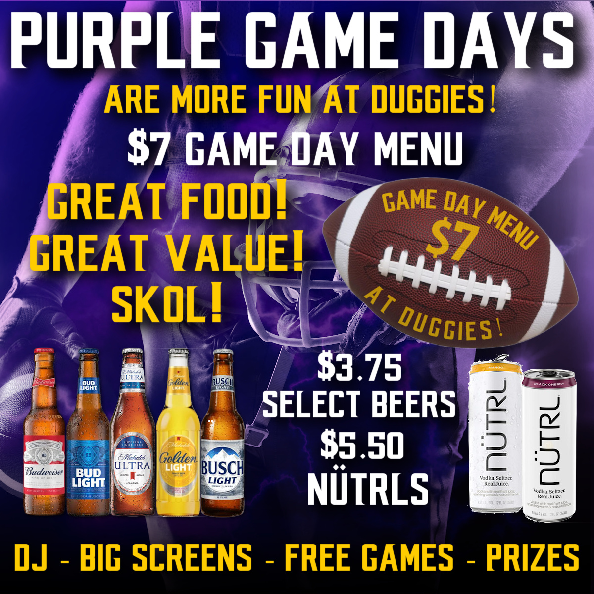A big division game for the PURPLE today!
Watch it at Duggies! We've got great food + drink specials, FREE games, prizes, a DJ and the game on the BIG SCREENS with SOUND!
Doors @ 11AM
Kick-Off @ 12PM
Let's #Skol !