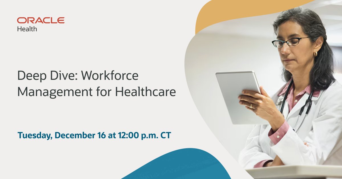 OracleHealth's tweet image. Register for this December 16 webinar to learn how Oracle Workforce Management is helping leading healthcare systems achieve greater efficiency and deliver exceptional experiences for both staff and patients. social.ora.cl/60137nJb3