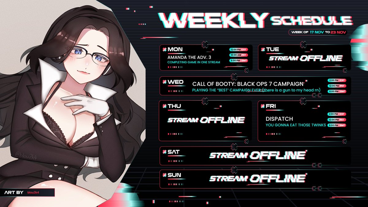 DevaultVT's tweet image. 🏟️Stream Schedule of 11/17 - 11/23🏟️

· MON - AMANDA THE ADVENTURE 3 ✨
· WED - CALL OF DOODOO STORY (help me) 💩
· FRI - FINALLY PLAYING DISPATCH!!!! ✨

See you in the Arena!
🔗→ twitch.tv/devaultvt 
🎨→ #DevaultArt