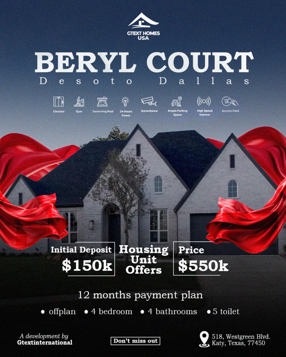 solutionlinks's tweet image. Invest smart with Beryl Court, Dallas USA - premium 4-bed homes offered below market value with strong appreciation ahead.

A perfect blend of luxury, security, and long-term wealth in one prime location.

📩 Contact us: businessalwaysltd@gmail.com

@gtextglobal  @bizalways_ltd