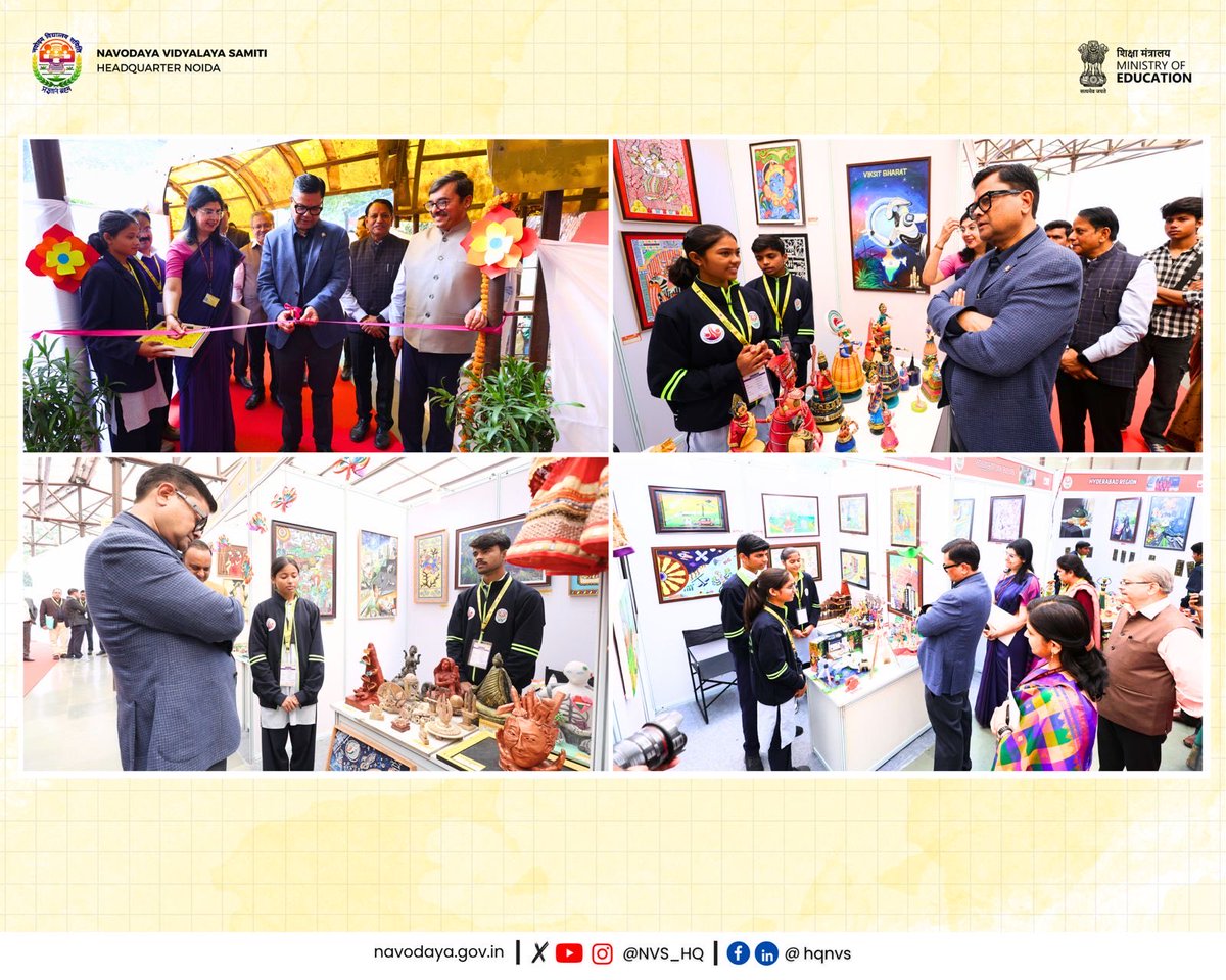 NVS_HQ's tweet image. Shri Sanjay Kumar, Secretary (DoSEL, MoE), visited the art exhibition at the 24th National Integration Meet 2025 of #NVS.

He appreciated the creativity, skill and confidence of Navodaya students, praising the rich cultural expression showcased by JNVs across the country. 

#JNV