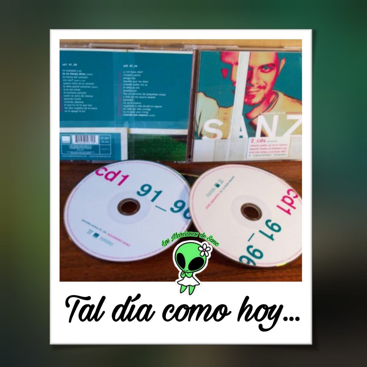 MarcianasDeSanz's tweet image. Un día como hoy de 2004 @AlejandroSanz lanzó su recopilatorio de #GrandesÉxitos 91-04 🎶 Complementando esto se publicó también el DVD "Los vídeos 91_04" que incluía los videoclips 🎬
#TalDíaComoHoy #Recuerdo 
#LoNuestroEsDeOtroPlaneta 👽
#LasMarcianasDeSanz
#AlejandroSanz