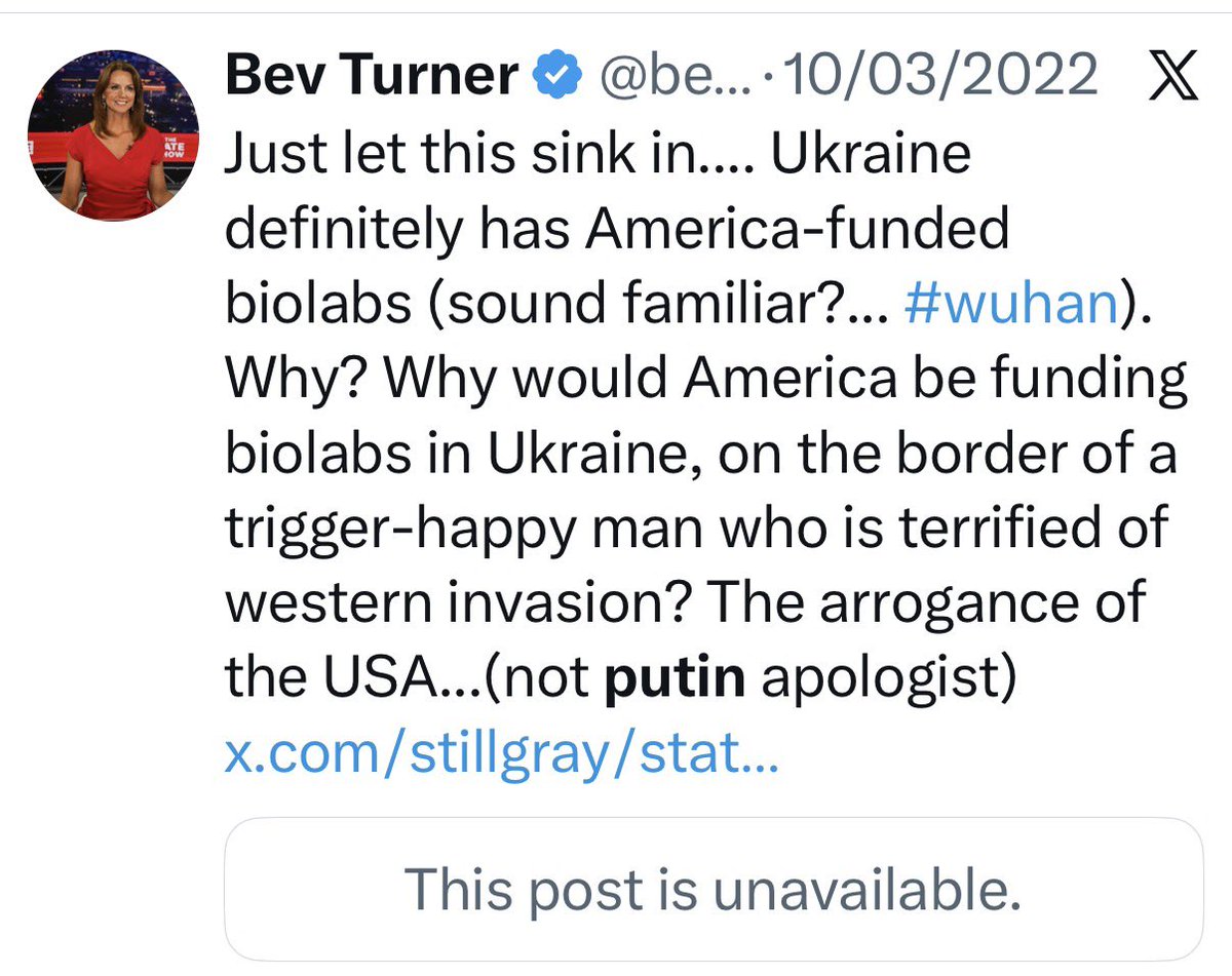 gregbagwell's tweet image. A quick reminder that the GBNews journalist, Beverley Turner, who recently “interviewed” Trump, is a regular sympathiser with the Kremlin view of the UK and Ukraine, and a peddler of Kremlin planted conspiracy theories. No wonder she gets a White House press pass.