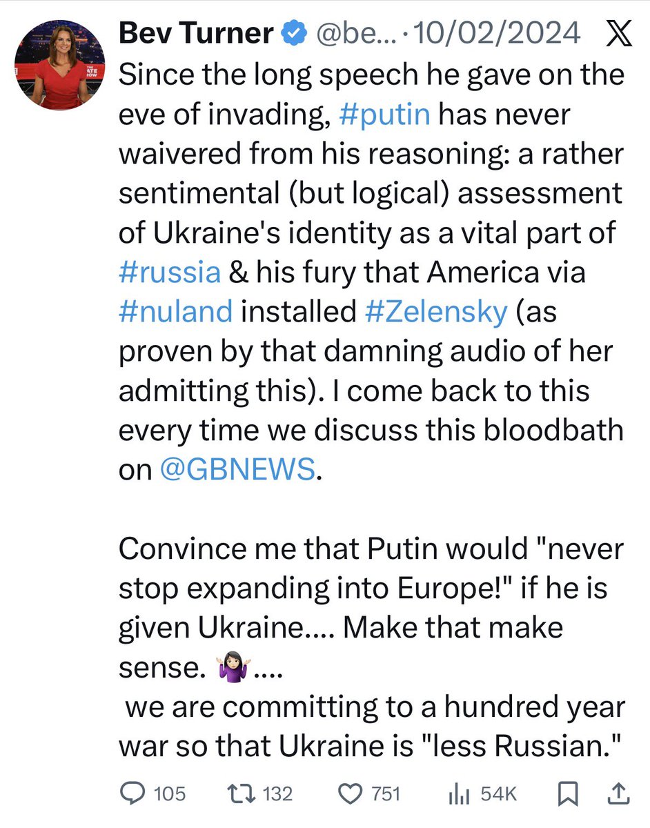 gregbagwell's tweet image. A quick reminder that the GBNews journalist, Beverley Turner, who recently “interviewed” Trump, is a regular sympathiser with the Kremlin view of the UK and Ukraine, and a peddler of Kremlin planted conspiracy theories. No wonder she gets a White House press pass.