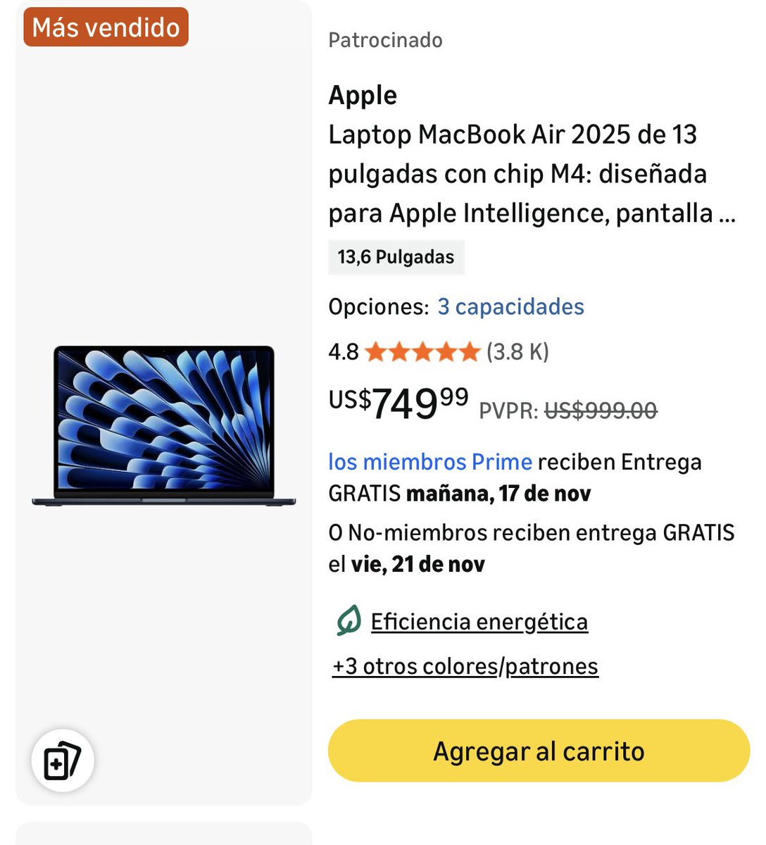 Grandes ofertas de black Friday 

- 13" MacBook Air M4 (8C GPU, 16GB RAM, 256GB SSD): $749.99 ($250 off)
#BlackFriday