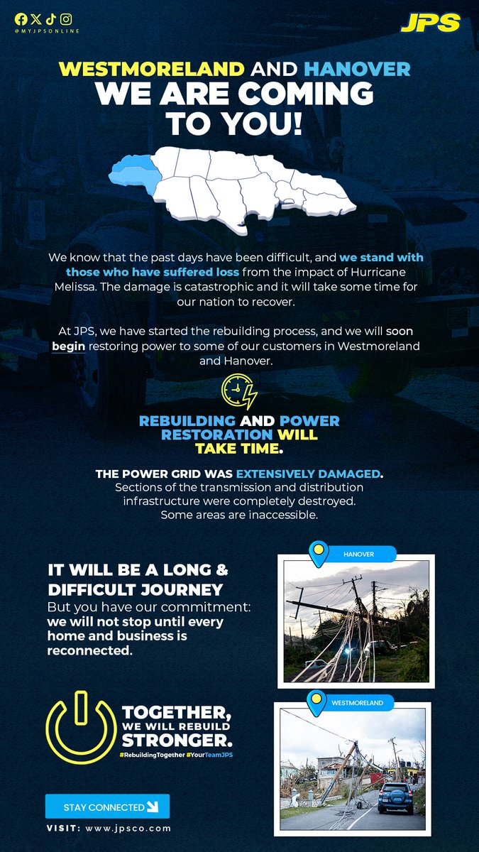 To Westmoreland &amp; Hanover: We stand with you.

The power grid in your parishes was completely destroyed in many areas. This is not a repair; it is a total rebuild from the ground up. It will be a long and difficult journey.

But we have started. We are on the job!
