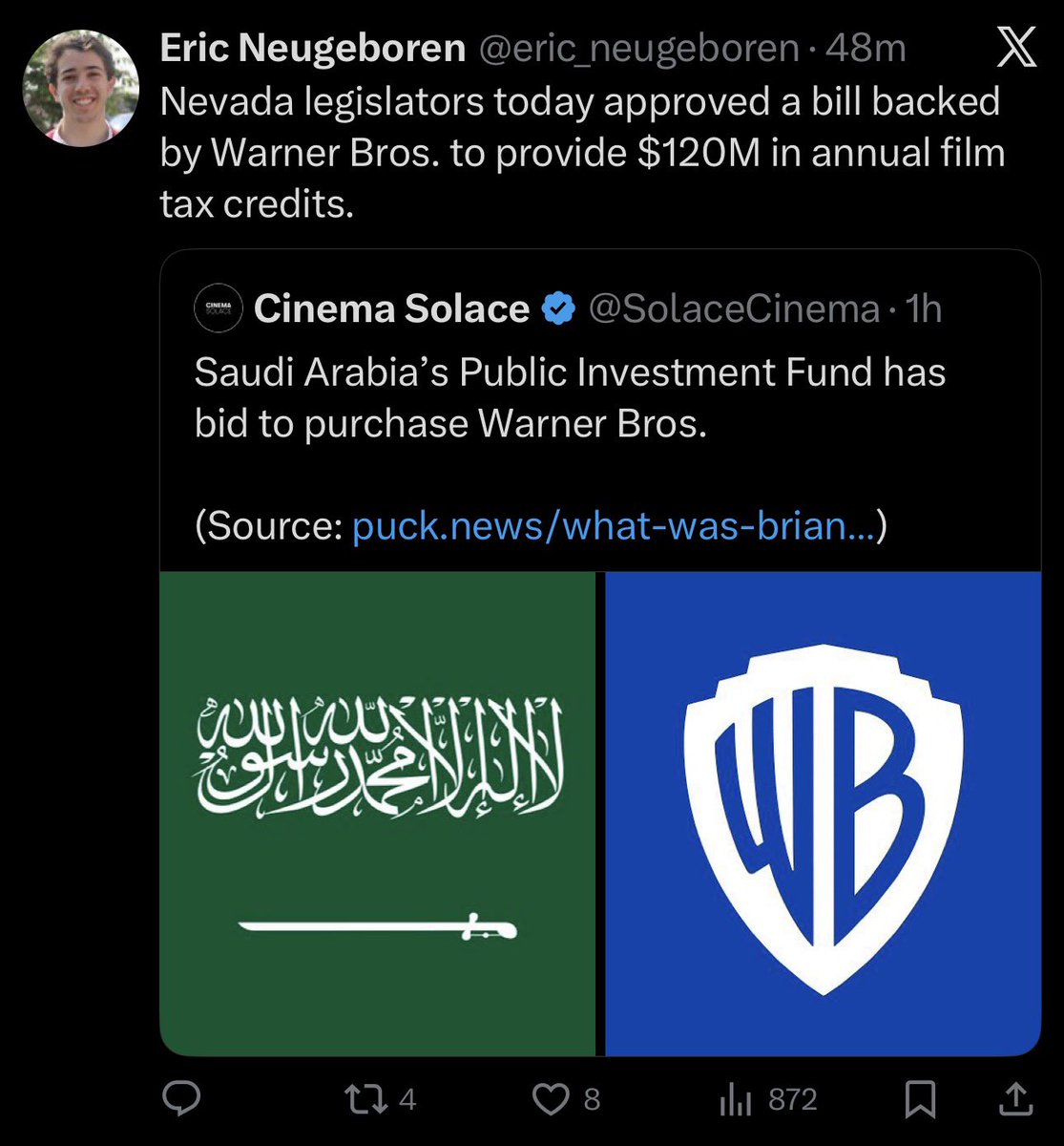 manny_man83's tweet image. Forget Zohran! Saudi Joe has got to go! minutes after the #NVLeg passed the hollywood studio billion dollar tax break the kingdom put a bid in for WB. @JoeLombardoNV @JosephMLombardo is putting Nevada on the hook so the Saudis can get paid on your dime.