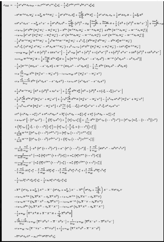0Perspectrum's tweet image. Standard Model Lagrangian, a cornerstone of particle physics, unifies electromagnetic, weak, and strong forces via quantum field theory. It splits into 4 parts, using Dirac matrices &amp;amp; gauge generators to encode particle interactions, masses, &amp;amp;symmetries. #Physics #StandardModel