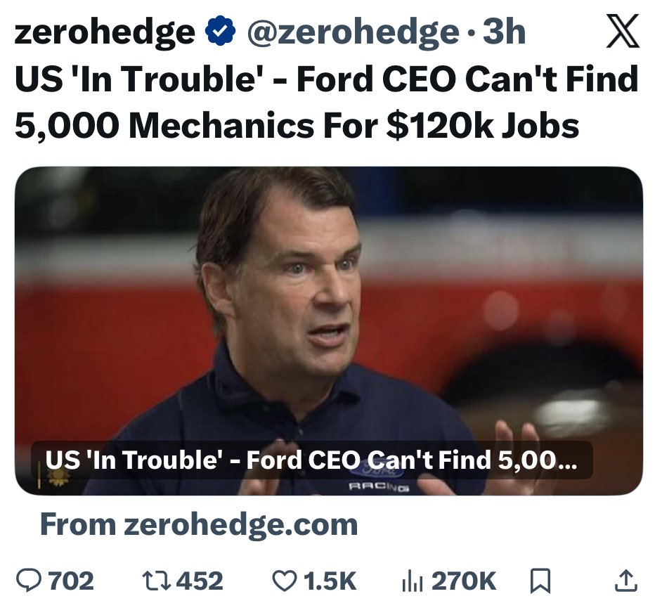 WallStreetMav's tweet image. I suspect the CEO of Ford is lying here.

There are 500,000+ mechanics in the USA (automotive technician). Their salary range is $35,000 to $80,000 per year.

If Ford is really offering $120,000 then there would be tons of experienced mechanics applying.