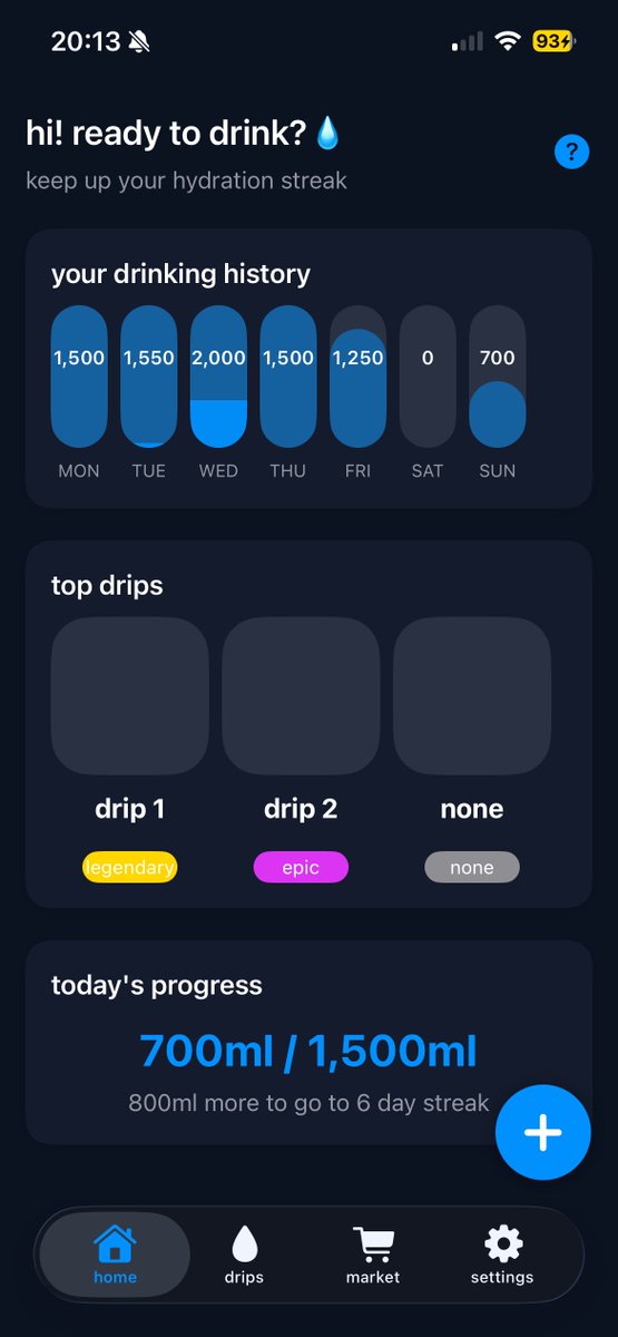 drinkie update:

water tracking is fully working now, and i’ve actually been using it every day this week - and it actually helps.

also added dark mode because someone requested it

been busy with studies so progress was slower, but it’s coming together.