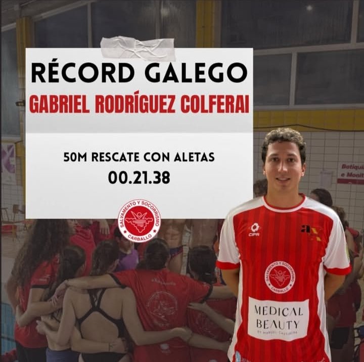 PRATA E RÉCORD GALEGO PARA GABRIEL 

O noso deportista absoluto Gabriel Rodríguez Colferai logrou a 🥈 segunda posición na proba de 50 metros rescate de maniquí con aletas.

Ademais, fíxoo establecendo un novo récord galego. 

Moitos parabéns Gabriel!!
#FORZASYSCA