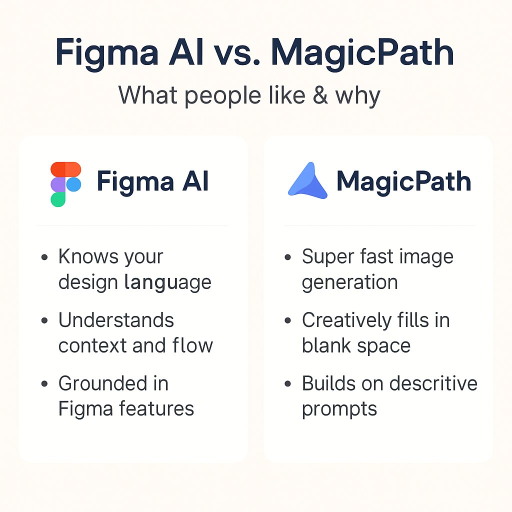 Singh_Jasminder's tweet image. Figma AI vs MagicPath.ai — two AI design tools everyone is talking about.

One focuses on precision, the other on creativity.

Here’s what people actually like about each one (and why both are winning). 🧵👇

@figma @MagicPathAI
#FigmaAI #MagicPath #AI #DesignTwitter…