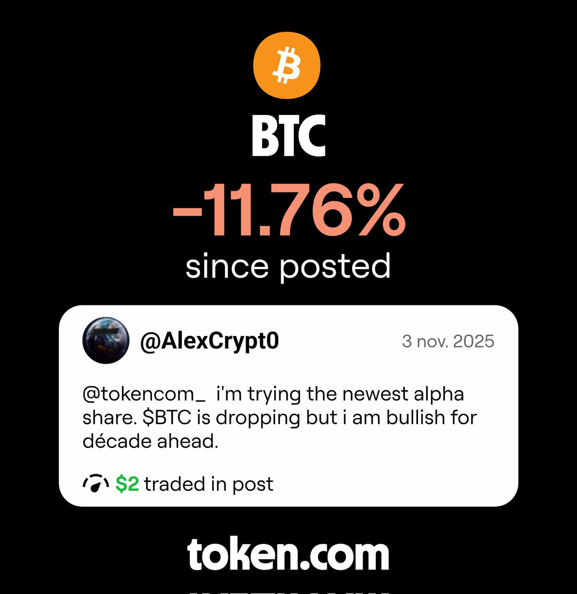 AlexCrypt0's tweet image. BTC is down -11.76% since @AlexCrypt0 called it. Trade it on token.com/ref/iu0qvc00

Great app @tokencom_ 
Really cool