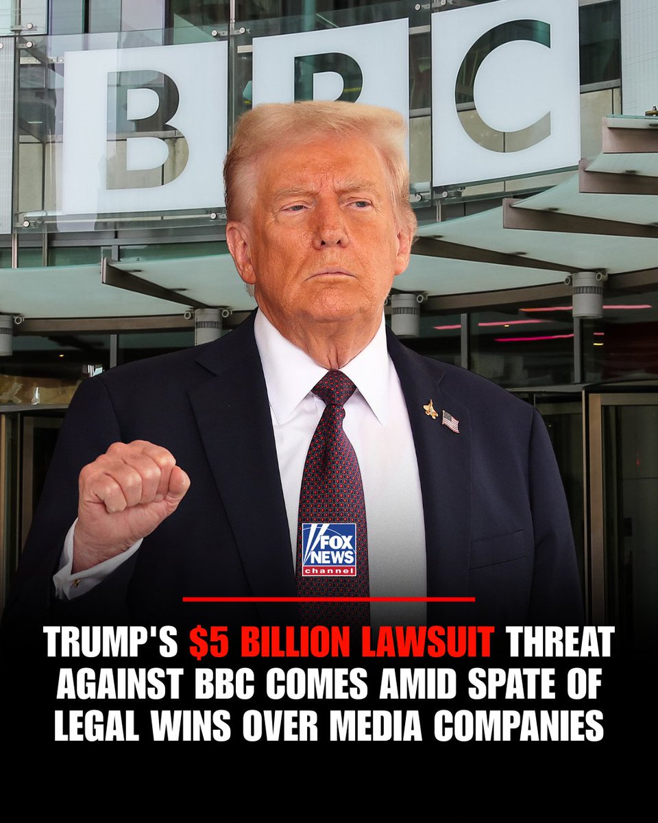 FoxNews's tweet photo. PRESS PAYBACK: President Trump has secured multiple eight-figure settlements over the past year from ABC, CBS, and major tech firms, as a 10-figure lawsuit looms against the BBC after the network admitted  to editing his January 6 speech. https://t.co/RxgulCBFDq
