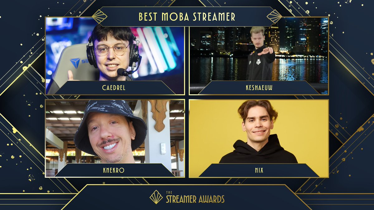 StreamerAwards's tweet photo. Announcing your nominees for Best MOBA Streamer!

@Caedrel 
@KeshaEuw 
@KNekro 
Nix 

Make sure to VOTE over at https://t.co/tyCT9IOX7p ⭐️
#StreamerAwards https://t.co/QkdUZfndu0
