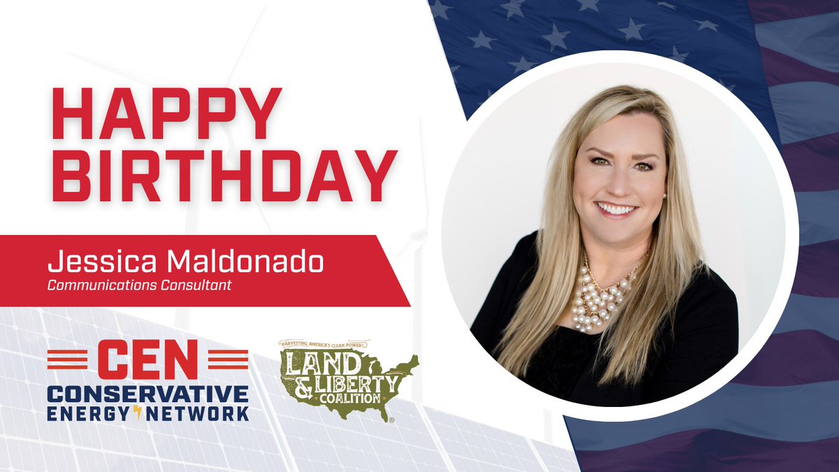 ConsEnergyNet's tweet image. Today we’re sending Happy Birthday wishes to Jessica Maldonado, our Communications Consultant for the Land &amp;amp; Liberty Coalition® and Conservative Energy Network from PolicyWorks! We appreciate all that you do. Have a great day today! 🥳

#HBDfromCEN