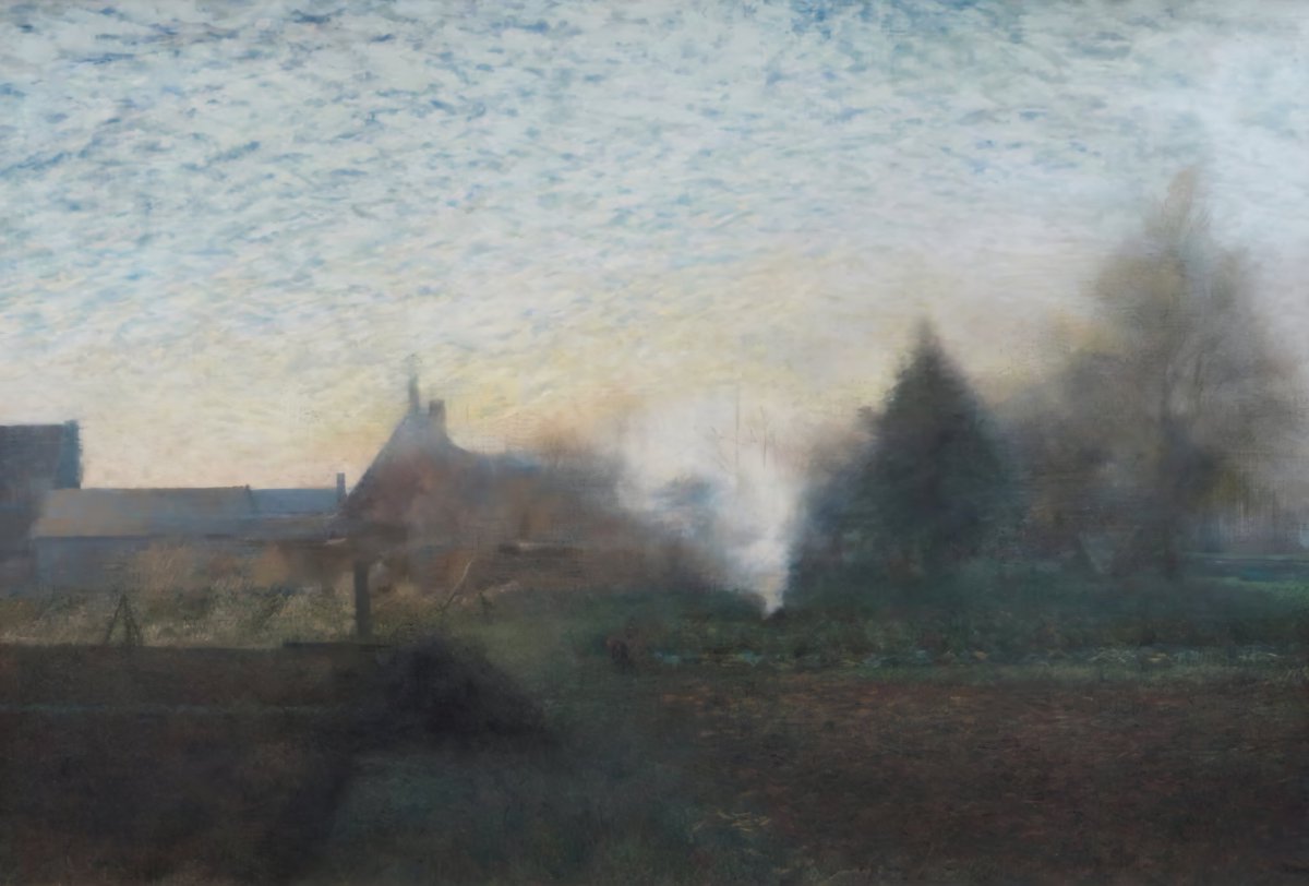 In Rachel Cooke's words, David Tindle's 'Garden on the Edge of the Village,' (1976) 'depicts those few moments on a cold but bright winter’s day just before dusk...
where a small bonfire still smokes; the sky is mottled, like an old enamel mug.'
