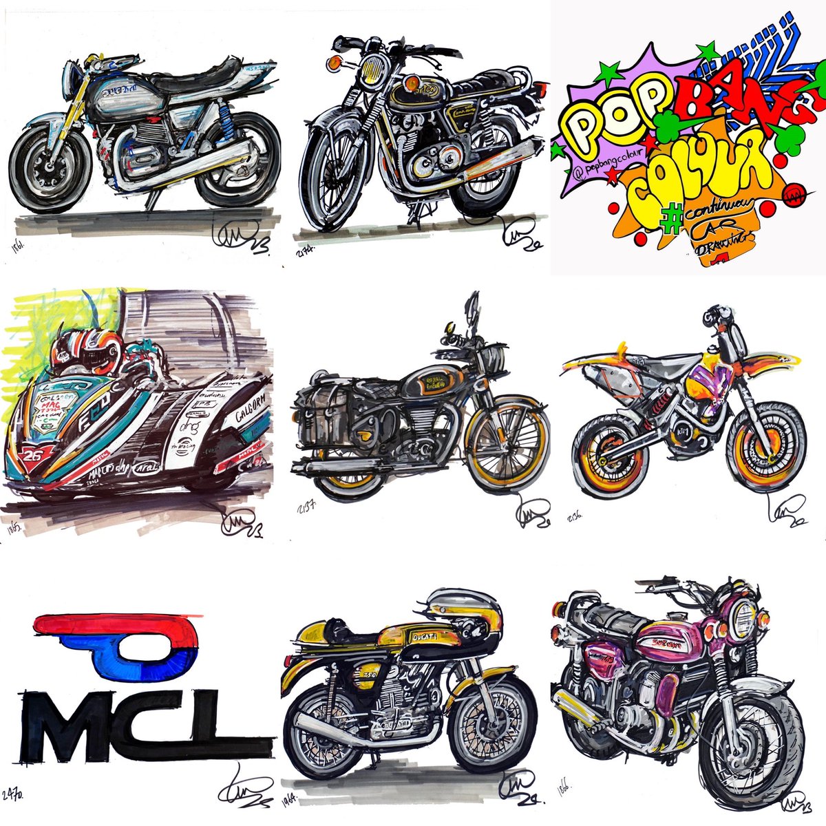 Popbangcolour's tweet photo. Super cool to create a bespoke #ContinuousCycle drawing of the awesome @mvagustamotor Brutale Serie Oro today @motorcyclelive on the POPBANGCOLOUR stand in hall 3A
Here’s some of the other motorcycle themed drawings created previously
Day 3 of the 9 day show tomorrow! #MCL25 https://t.co/mvMF1IVe6a