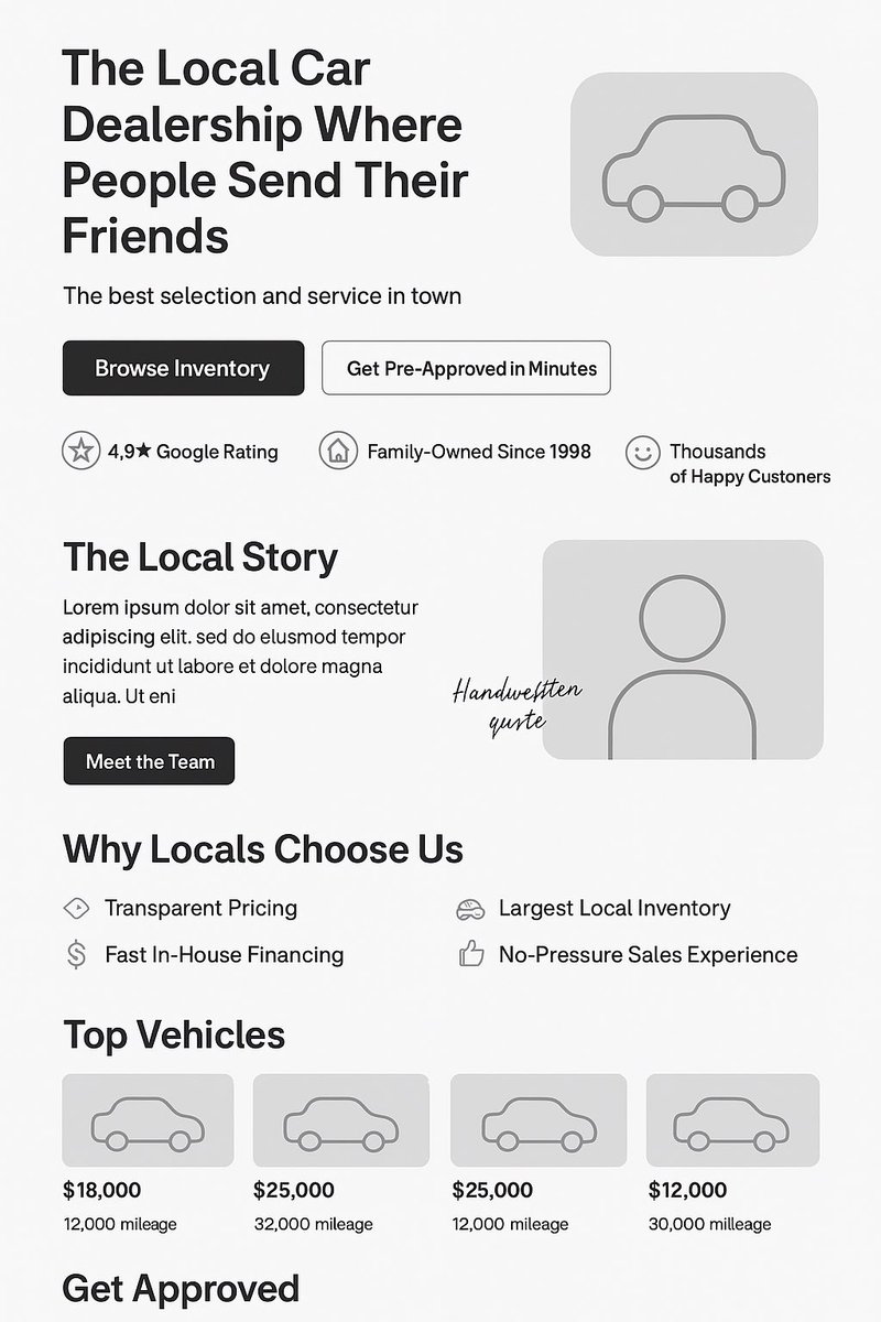 DigitizeLocal's tweet image. Most local business websites fail at clarity.
Here’s a simple landing page layout for a car dealership you can steal:

• Clear headline
• 2 CTAs
• Trust signals
• Local story
• Reasons to choose you
• Top offers

Save this.

#LandingPage #WebDesign #LocalMarketing