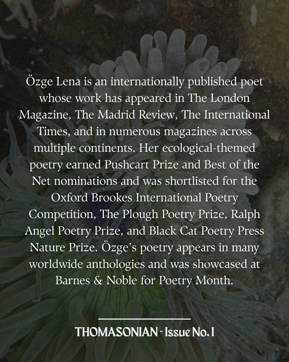 Kicking off Thomasonian’s Issue One highlights with a quote from Özge Lena’s stunning sea squirt poem, titled “You: A Study in Digestive Memory.”

Visit thomasonian.com/read for the full piece!