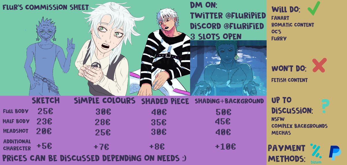 flurartified's tweet photo. 😁HEY GUYS Im opening commissions
⭐I currently have 3 slots open, might expand that depending on how it goes.
✌️PREFERABLY DM ME ON MY MAIN @fluripied 

❤️♻️LIKE AND RT FOR VISIBILITY PLS PLS PLS
(lmk if you think I should change anything on the sheet its my 1st time :p) https://t.co/F5dAulB7E3