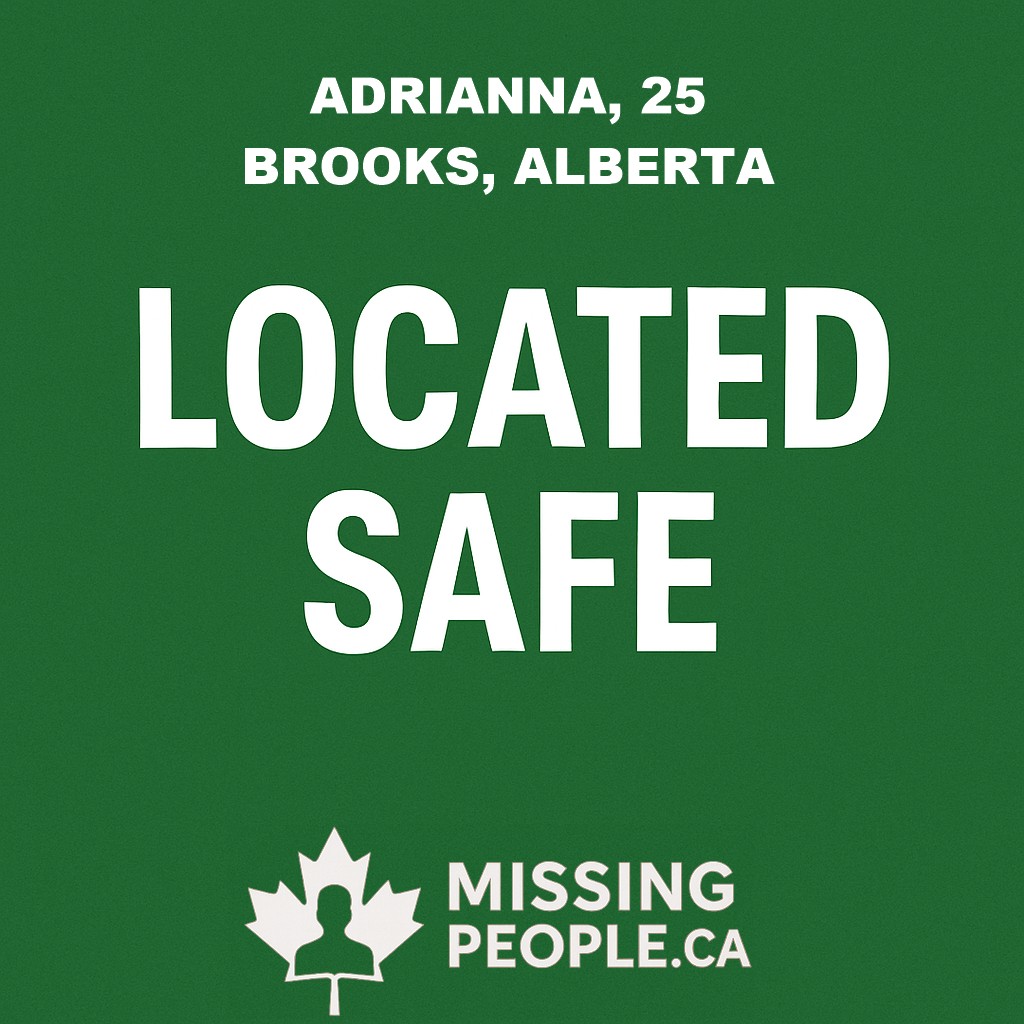 Missing_CA's tweet image. ✅ LOCATED – ADRIANNA, 25

We are happy to report that missing woman Adrianna, 25, from Brooks, Alberta, has been located safe.  

Thank you to everyone who shared the information and helped raise awareness.  

#Located #Brooks #Alberta #MissingWoman #CommunityUpdate