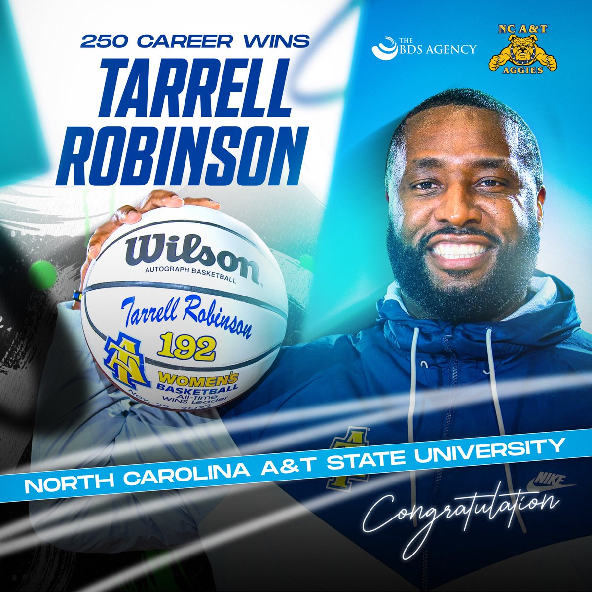Congratulations to <a href="/LadyAggieBall/">Lady Aggie Ball</a> Head Coach <a href="/LadyAggiesHC/">Tarrell Robinson</a> on earning his 250th career win!