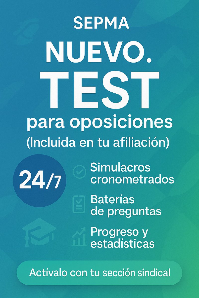 ⏱️ 15 minutos al día para subir nota.
Nueva plataforma de test SEPMA: simulacros, estadísticas y práctica cuando quieras.
✅ Incluida en la afiliación. Pídela a tu sección sindical.
#Oposiciones #Andalucía #SEPMA