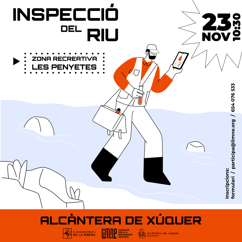 FundLimne's tweet photo. 💧🔬Vine a la inspecció de riu a #AlcànteraDeXúquer!
➡Aprenem #ProjecteRius per ser guardians del Xúquer.
📅 Dissabte 23/11, 10:30h.
📍 Les Penyetes.
L’activitat és una proposta #educacióambiental del #ConsorcidelaRibera i Limne, amb el suport de l’ajuntament https://t.co/burx9KxCey