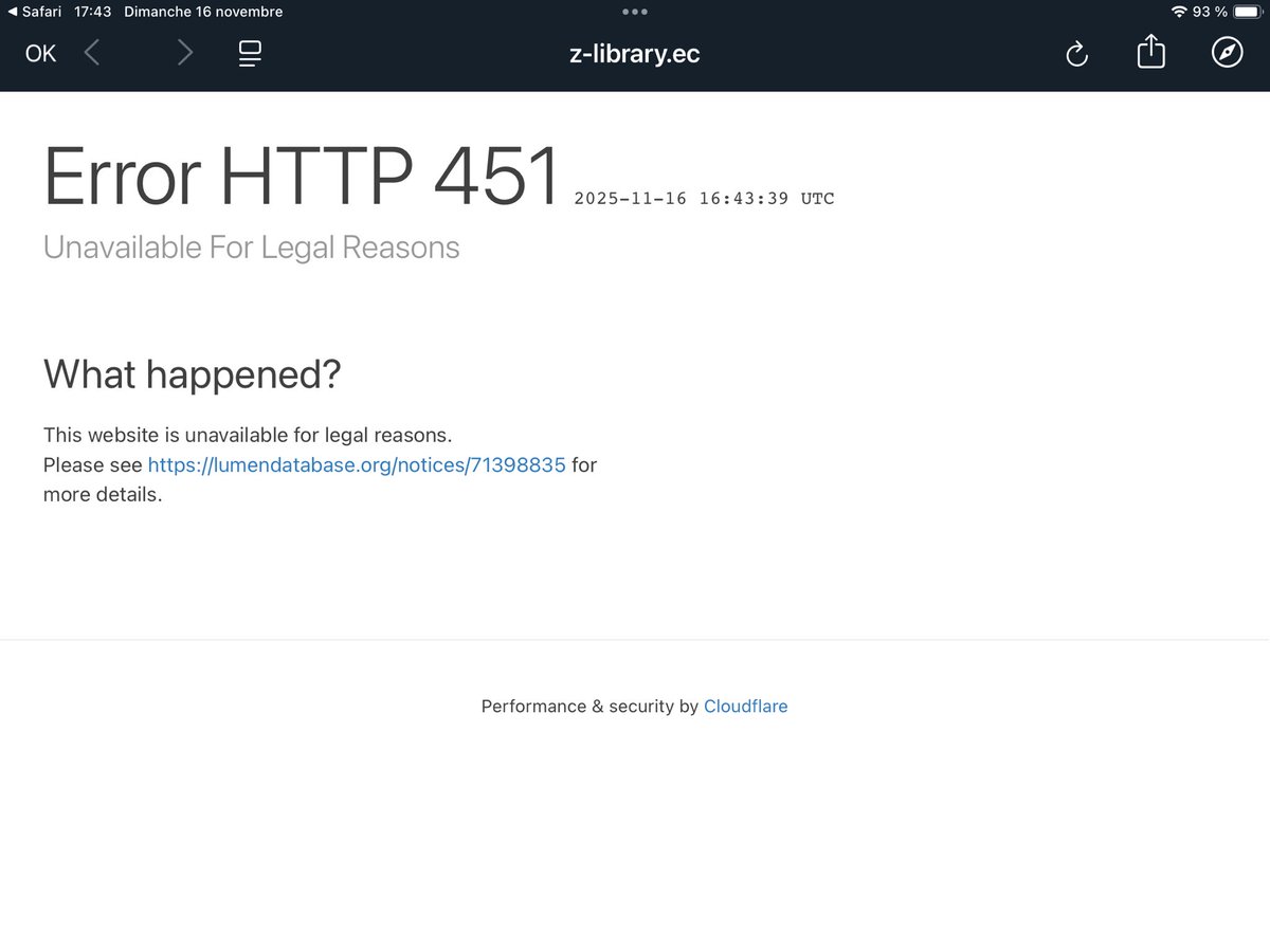 Thrine's tweet photo. @Z_Lib_official Hi, when I click on your adress I see this page.
Can you tell me how I can access your library again ? https://t.co/052D9VDmSW